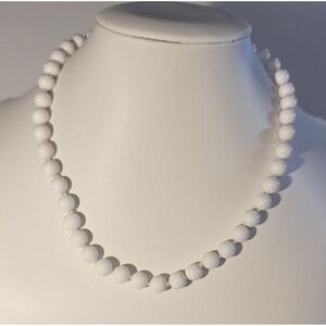 Trifari Vintage Milk Glass Bead Necklace White Hand Knotted Gold Tone Clasp 16in